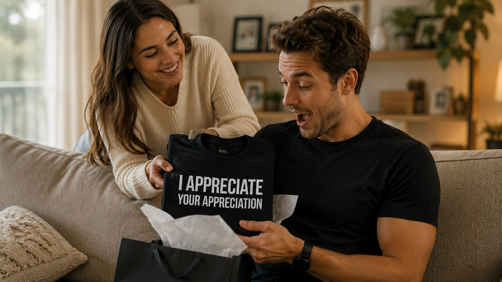 Couple enjoying a JEM Proxima tee as a gift