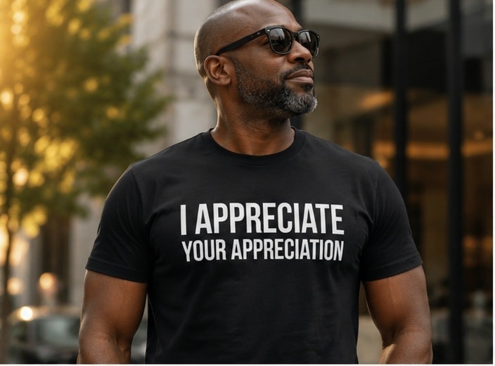 Man wearing I Appreciate Your Appreciation tee in an urban setting